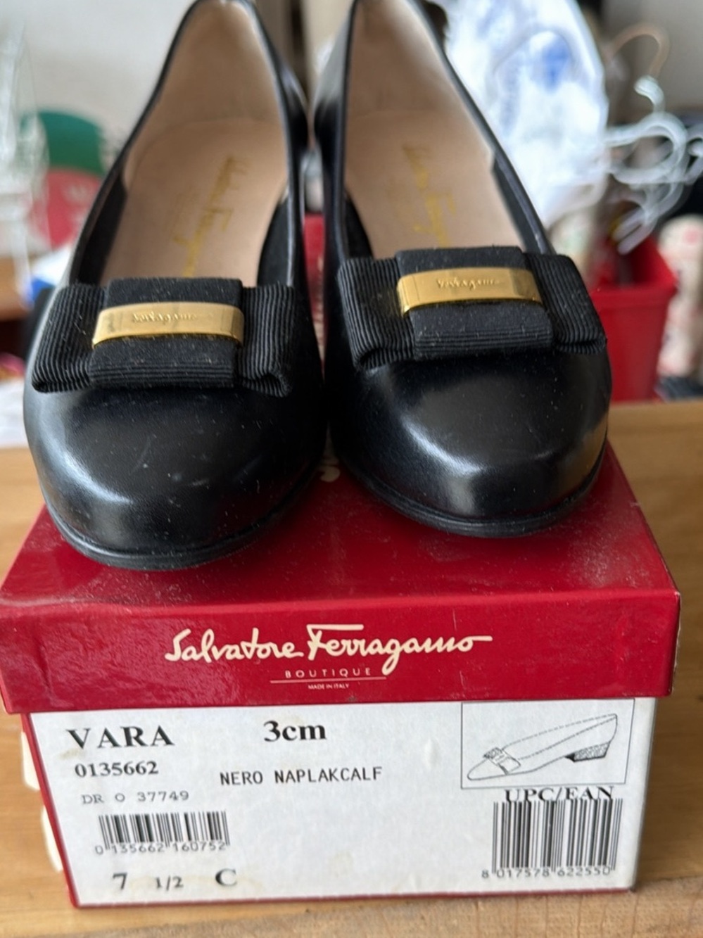 Salvatore Ferragamo Black Leather Vara Bow Pumps with Gold Plaque Accent